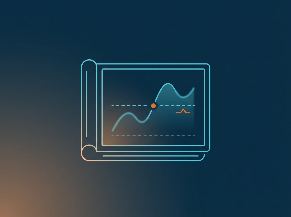 A simple, elegant scene of an open notebook showing an abstract trigger and exit line-chart diagram, softly lit.